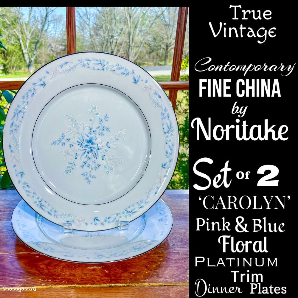 ▪️VTG▪️NORITAKE▪️Set of 2 CAROLYN Pink Blue Floral Platinum Trim Dinner Plates